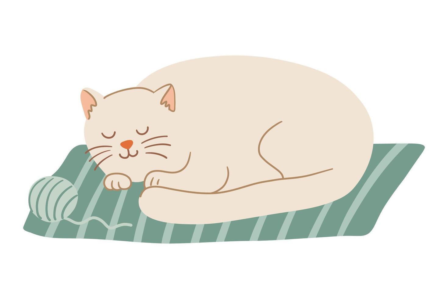 Cute cream colored cat sleeping on a green striped blanket with a ball of yarn. Cozy autumn hygge scene in hand drawn flat style vector