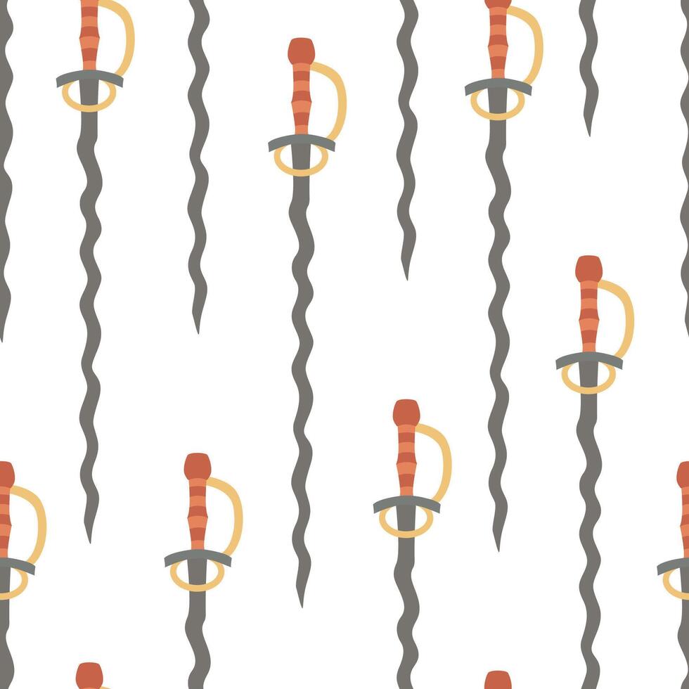 Seamless pattern featuring flamberge swords with ornate hilts. Hand drawn flat style illustration for textile print in historical or fantasy theme vector