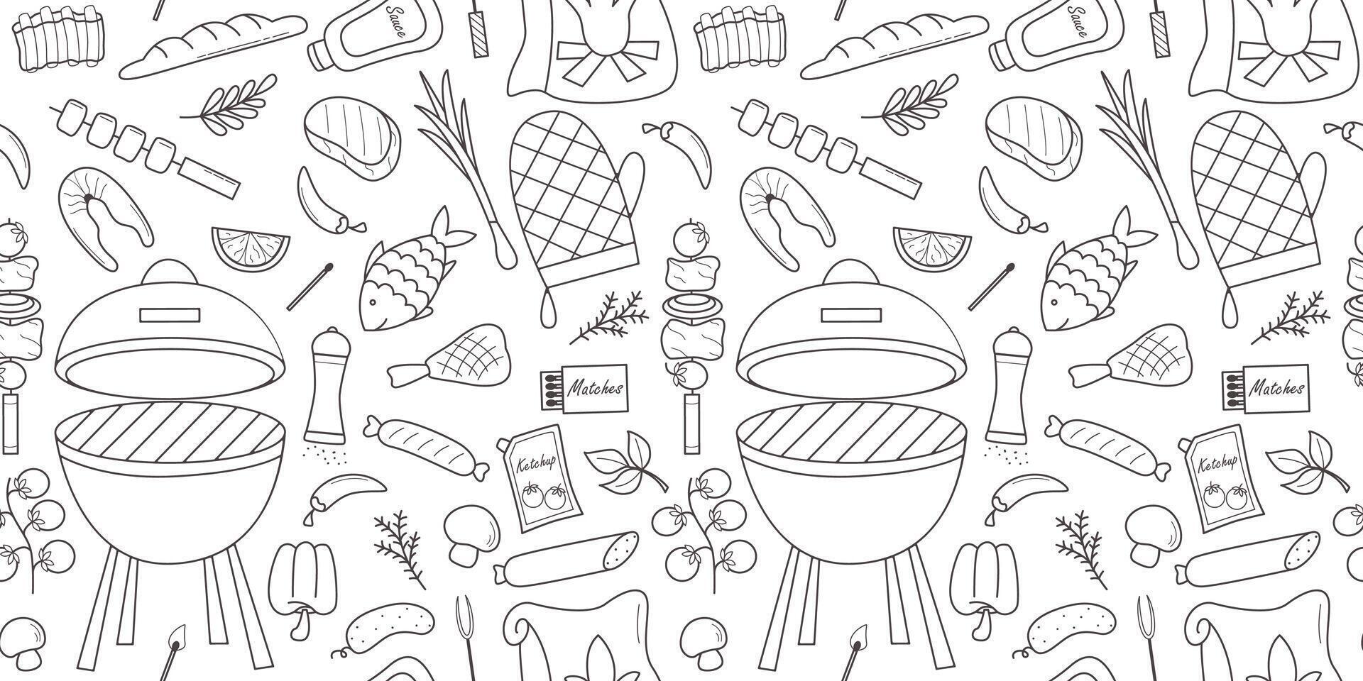 Barbecue seamless pattern doodle sketch style vector