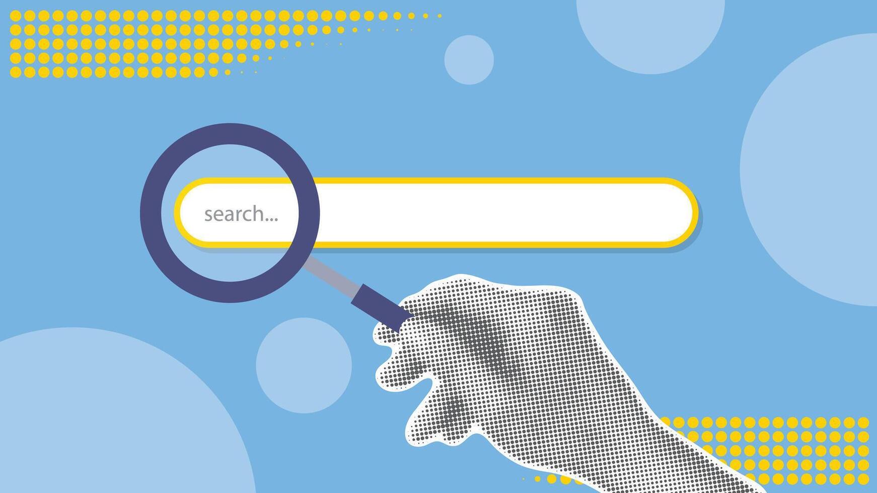 Hand points magnifying glass at search line on website vector