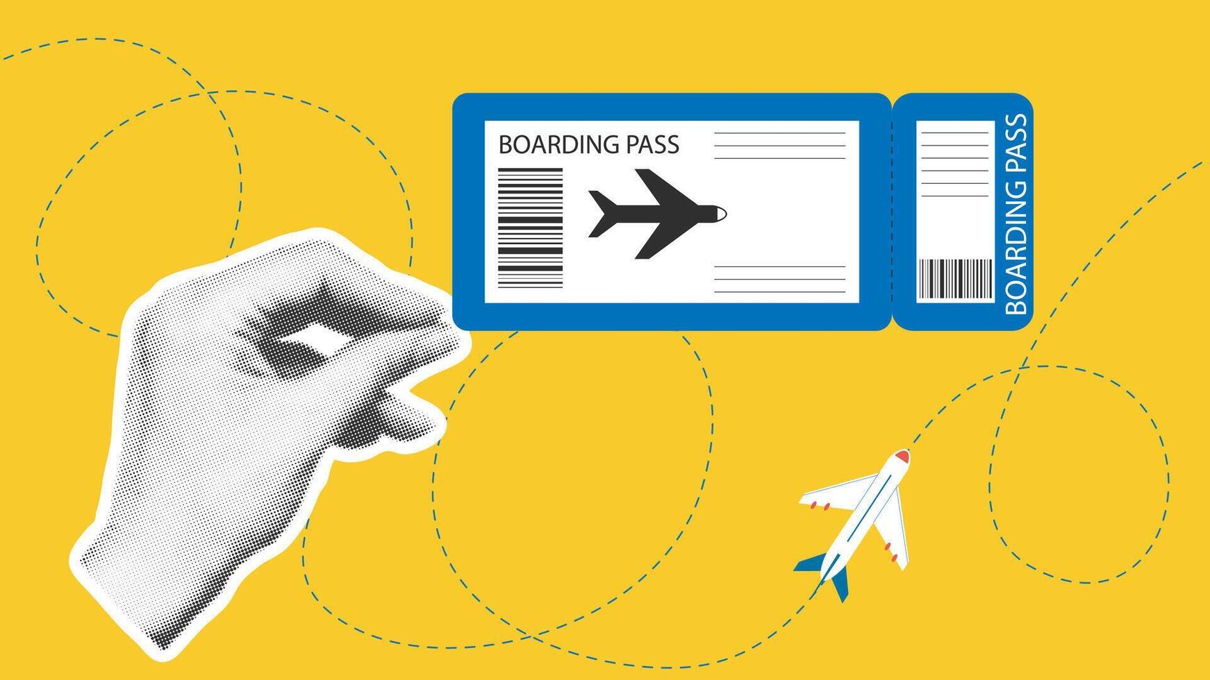 Airplane boarding pass in female hand collage vector
