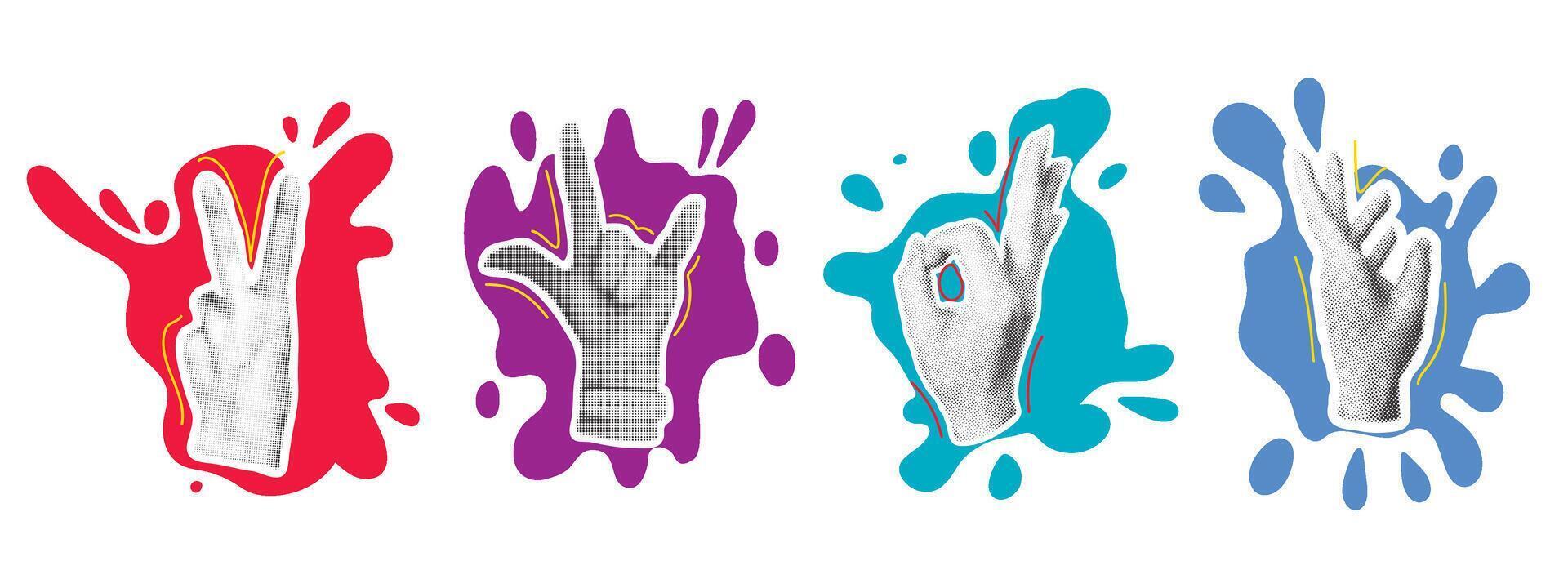 Female hand gestures in halftone style on bright spots of paint vector