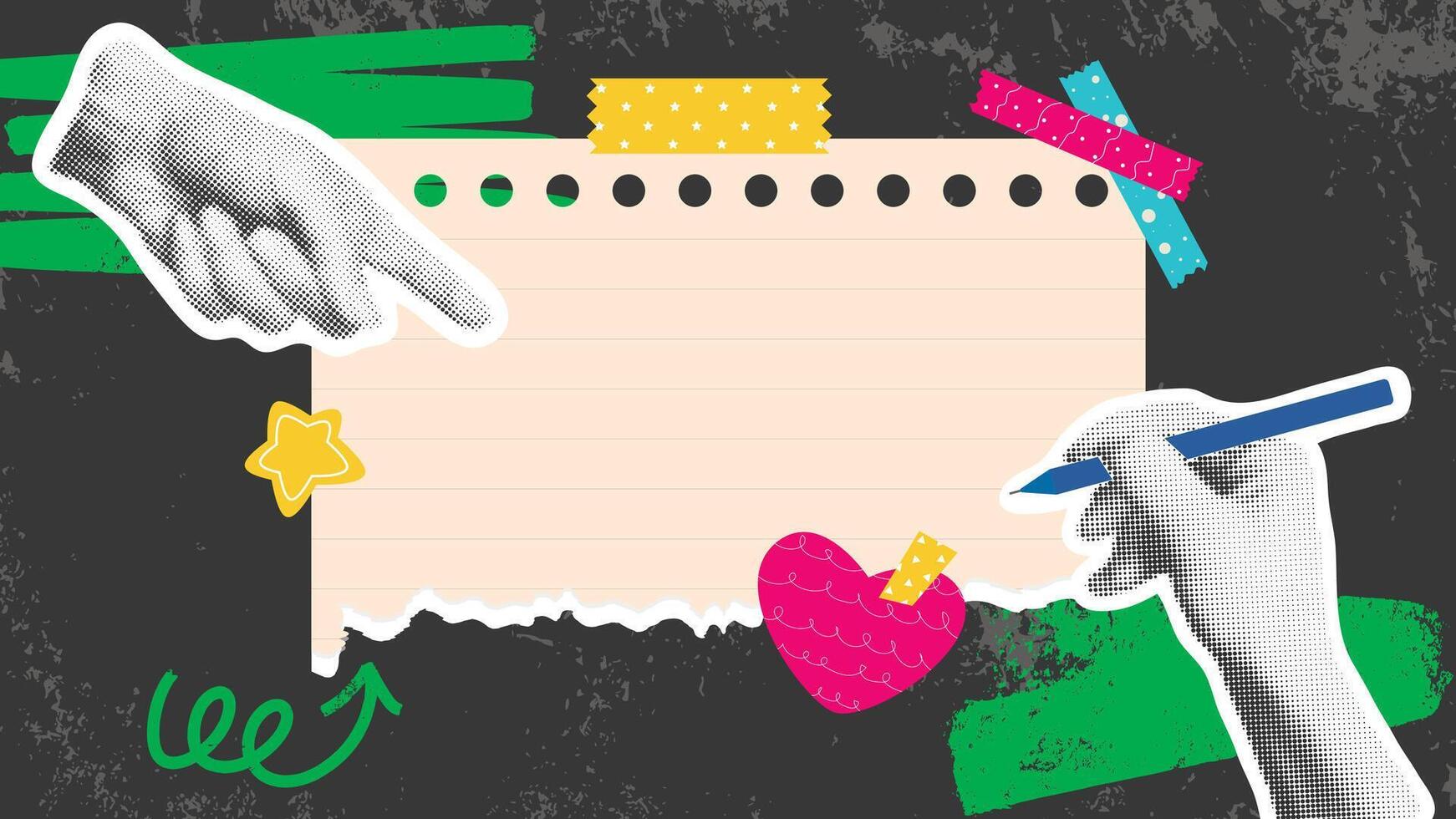 On dark grunge background, hand points to torn sheet of paper vector