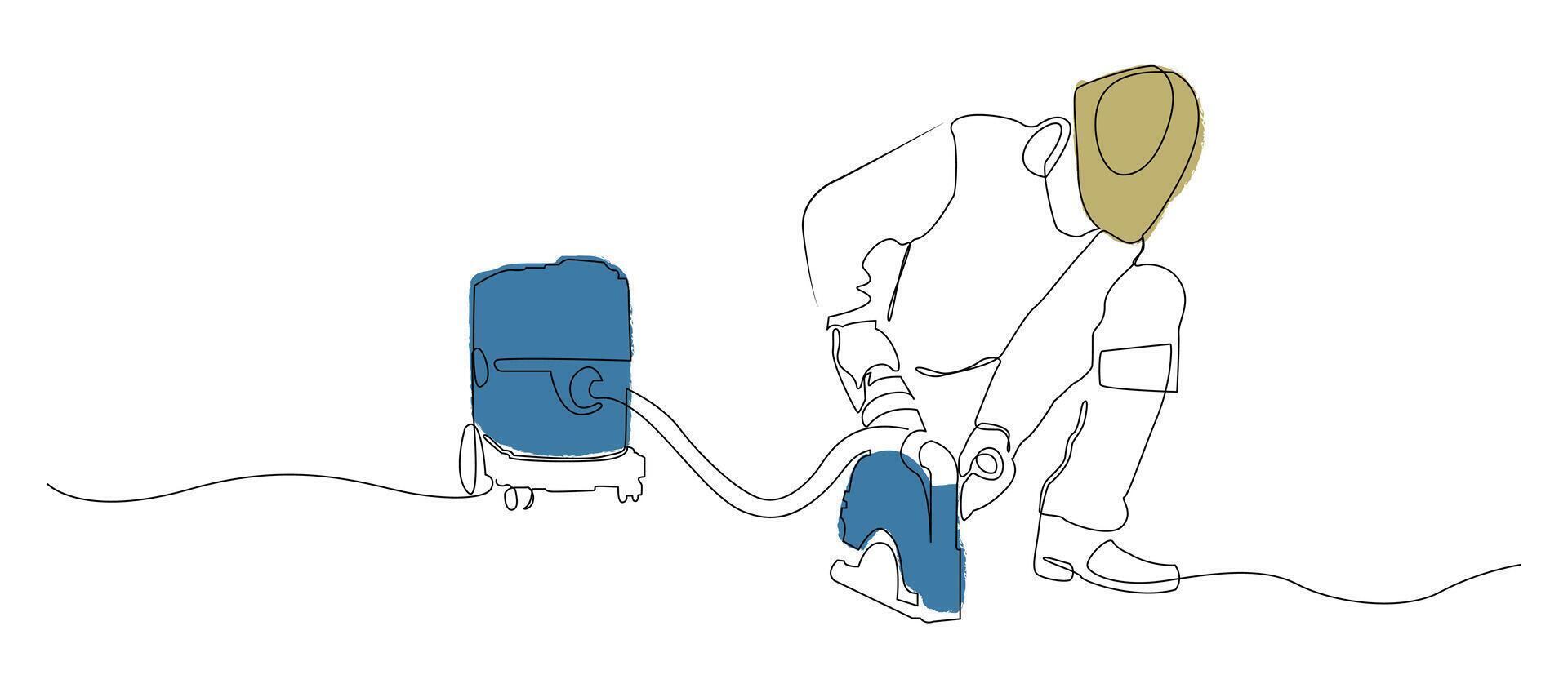 Minimalist single line drawing of a construction worker operating an electric floor cutter, connected to a vacuum or power unit vector