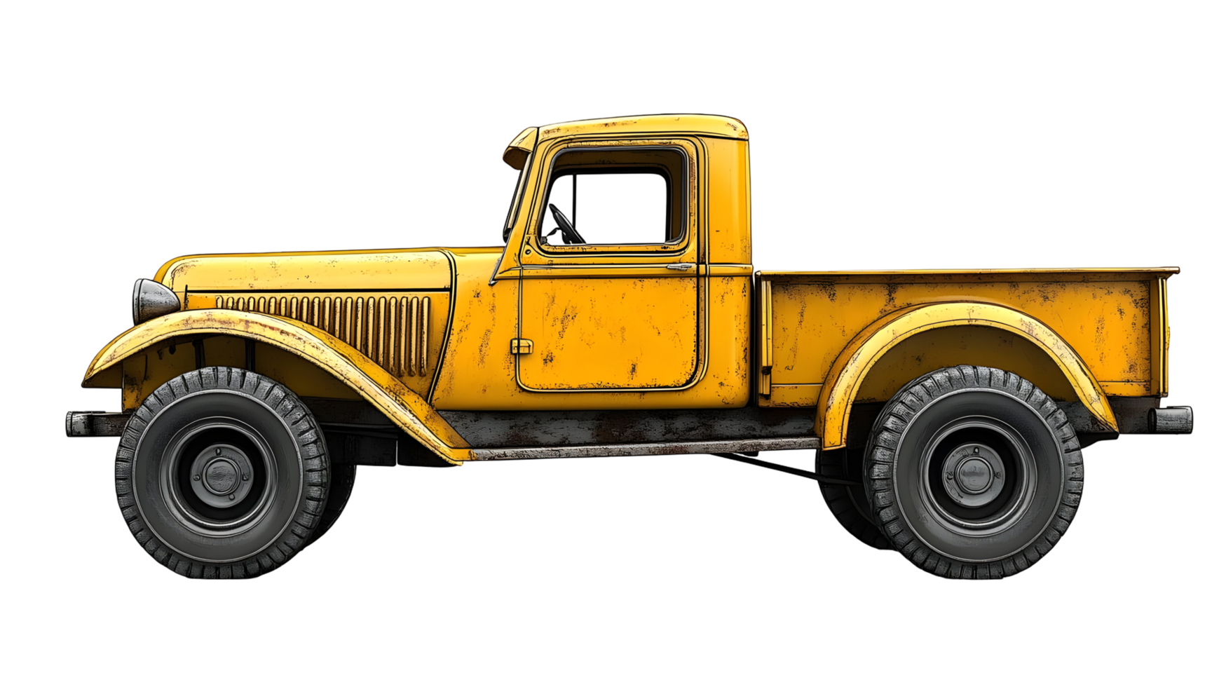 Vintage yellow truck with a weathered appearance isolated on transparent background. png