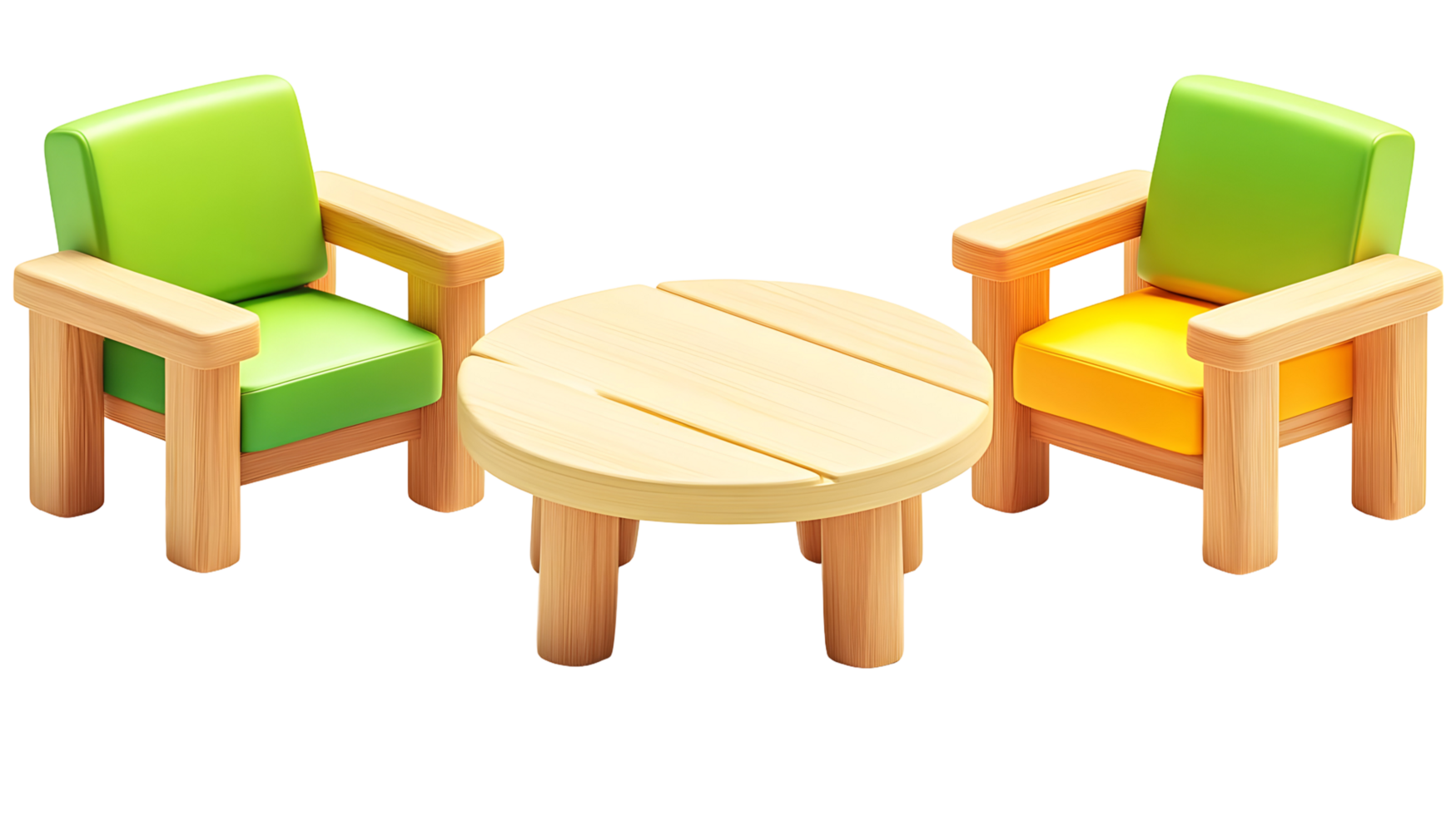Cartoonish outdoor furniture set, two chairs and a table, isolated on transparent background. png