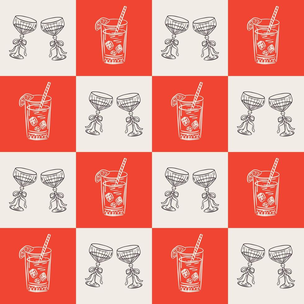 Red hand drawn drinks, cocktails seamless pattern in trendy whimsical style. Perfect background for quirky italian wedding holiday, poster cards, dinner and bar menu, fabric, wrapping paper. vector