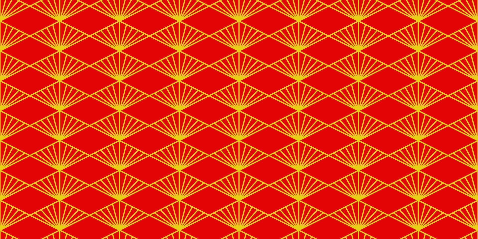 Red Asian line art seamless pattern with oriental traditional shapes flowers ornament, waves. Red and gold Japanese print for lunar chinese new year decoration. Luxury retro illustration vector