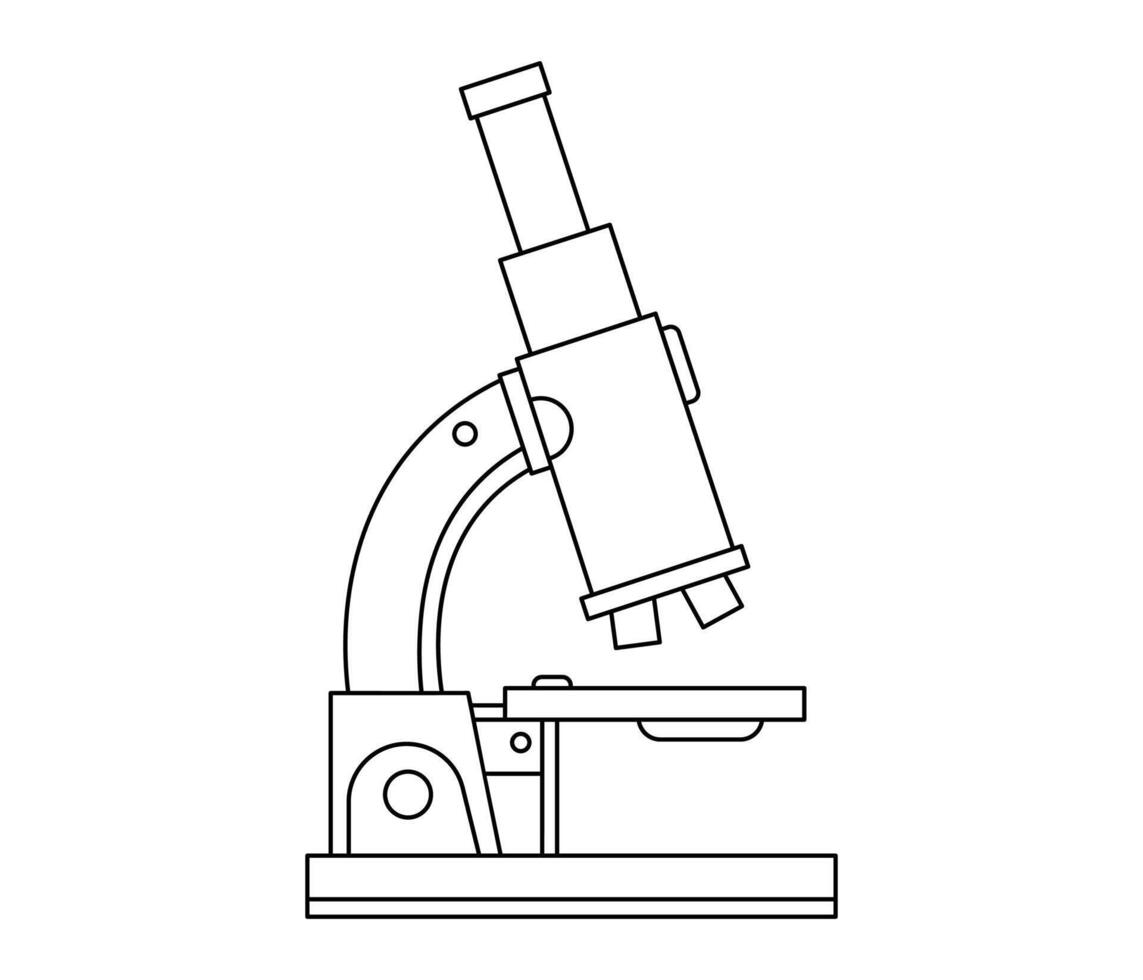 Hand drawn cute outline illustration of microscope. Flat laboratory research line art doodle. Education or study. Health care analysis sticker, icon. Microbiology diagnostic. Isolated. vector