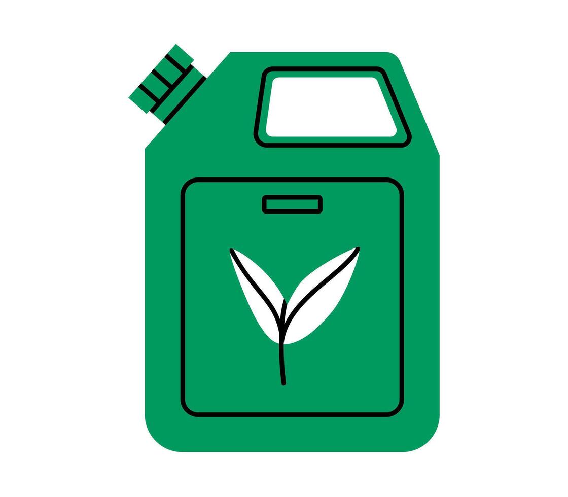 Hand drawn cute cartoon illustration of gasoline canister with leaf. Flat car fuel jerrycan doodle. Ecology problem sticker, icon. Green renewable energy. Environmental pollution. Isolated. vector
