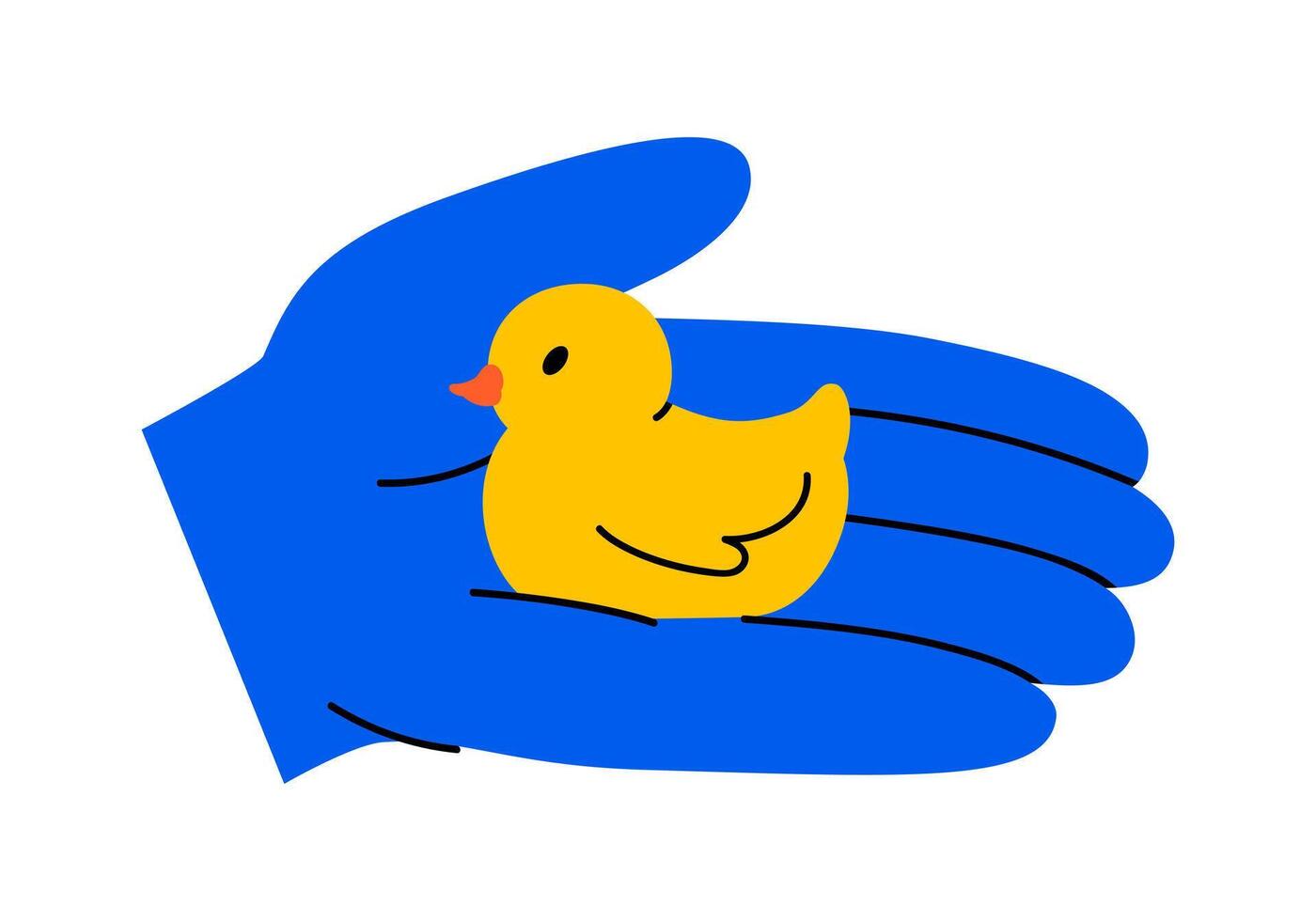 Hand drawn cute cartoon illustration of hand holding yellow rubber duck character. Flat bathroom toy bird in arm doodle. Float animal mascot icon or print. Beach or pool holiday sign. Isolated. vector