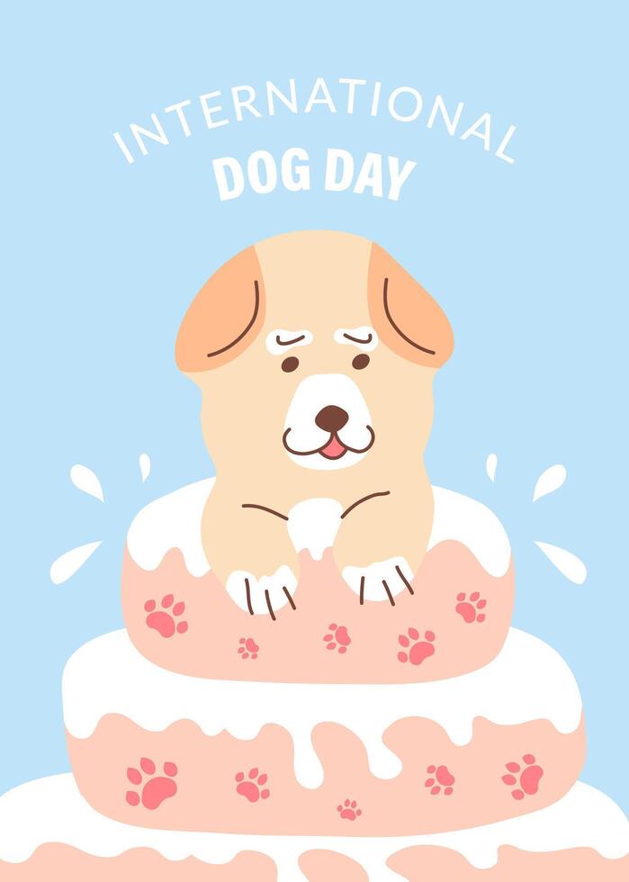 A greeting card with a dog peeking out of a birthday cake for International Dog Day, with space for text. A poster for Dog Day, birthday, party, anniversary, or other event. vector