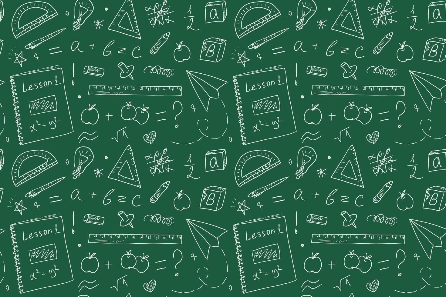 Seamless pattern with school drawings on a blackboard background. Background for school textbook covers, textiles, and stationery, Back to School concept. Sloppy sketches in a notebook vector
