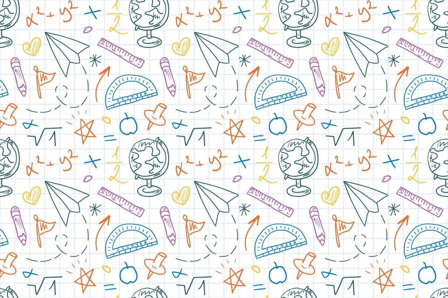 Seamless pattern Back to School on a checkered notebook page. Hand-drawn school supplies, colored sketches. Childrens colored background for fabric, covers, backgrounds, and notebooks. vector