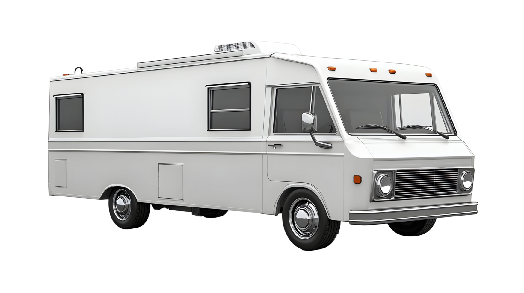 Front view of a vintage recreational vehicle isolated on transparent background. png