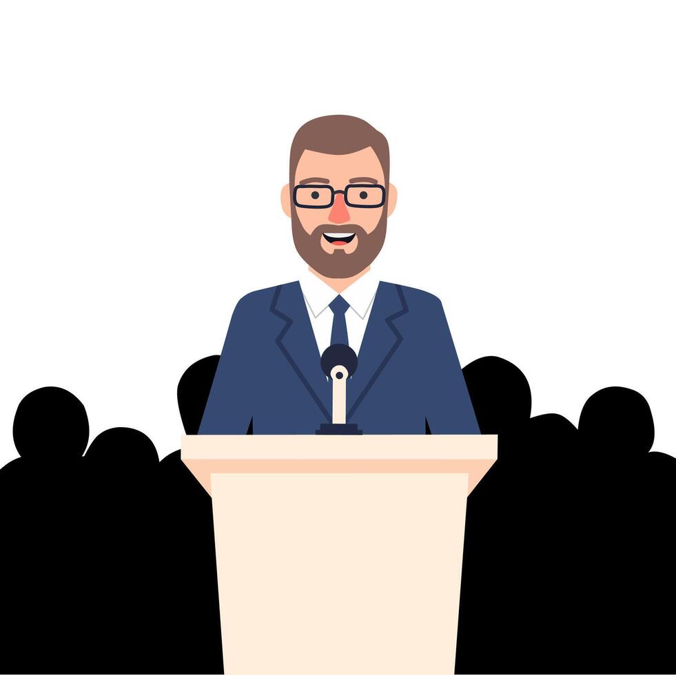 Illustration of a smiling businessman wearing a suit and glasses, speaking confidently at a podium with a microphone, in front of an audience silhouette vector
