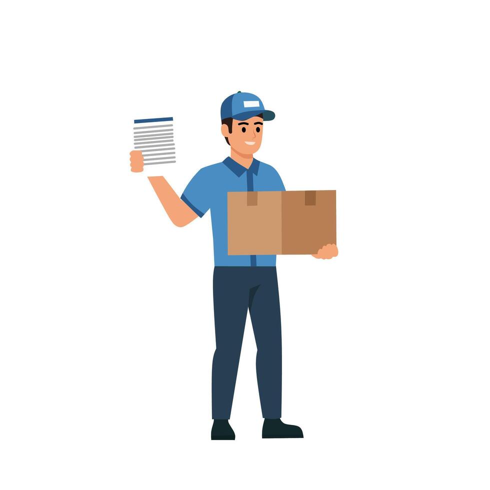 Delivery man smiling, holding a shipping box and raising document paper in hand, symbolizing proof of delivery vector