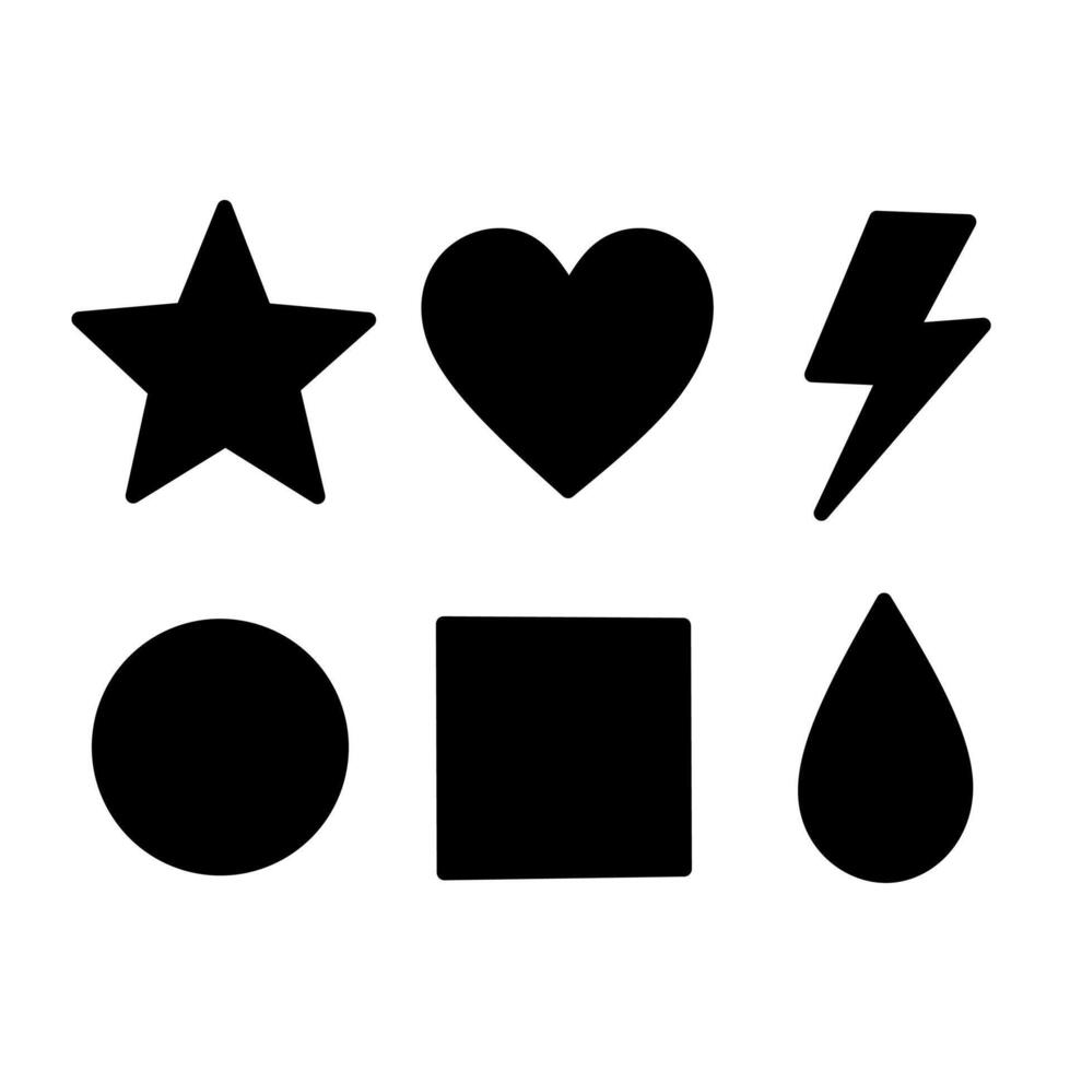 set of solid black shape icons including a star, heart, lightning bolt, circle, square, and drop. Perfect for UI, minimal design, or education visuals vector