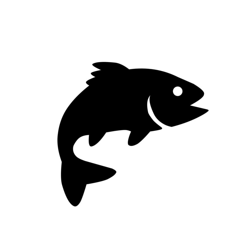 Black fish silhouette icon facing left. Simple graphic ideal for seafood, fishing, marine life, logo concepts, or aquatic-themed design elements vector