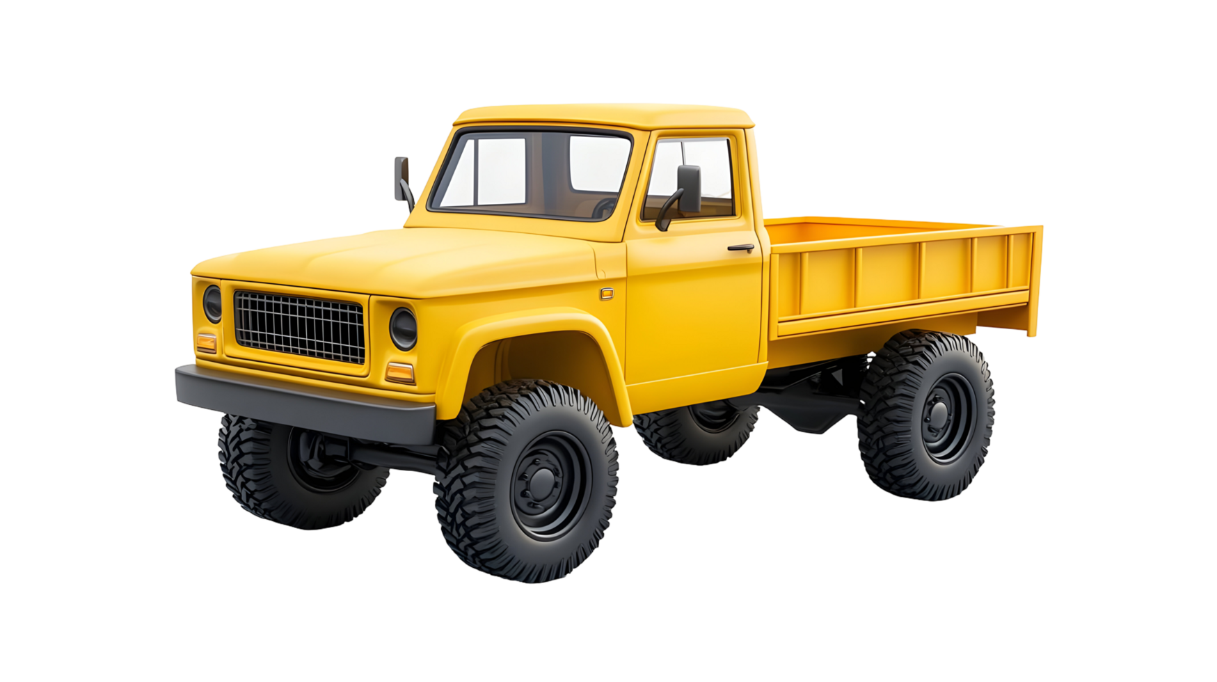 A yellow pickup truck with a cargo bed and large tires isolated on transparent background. png