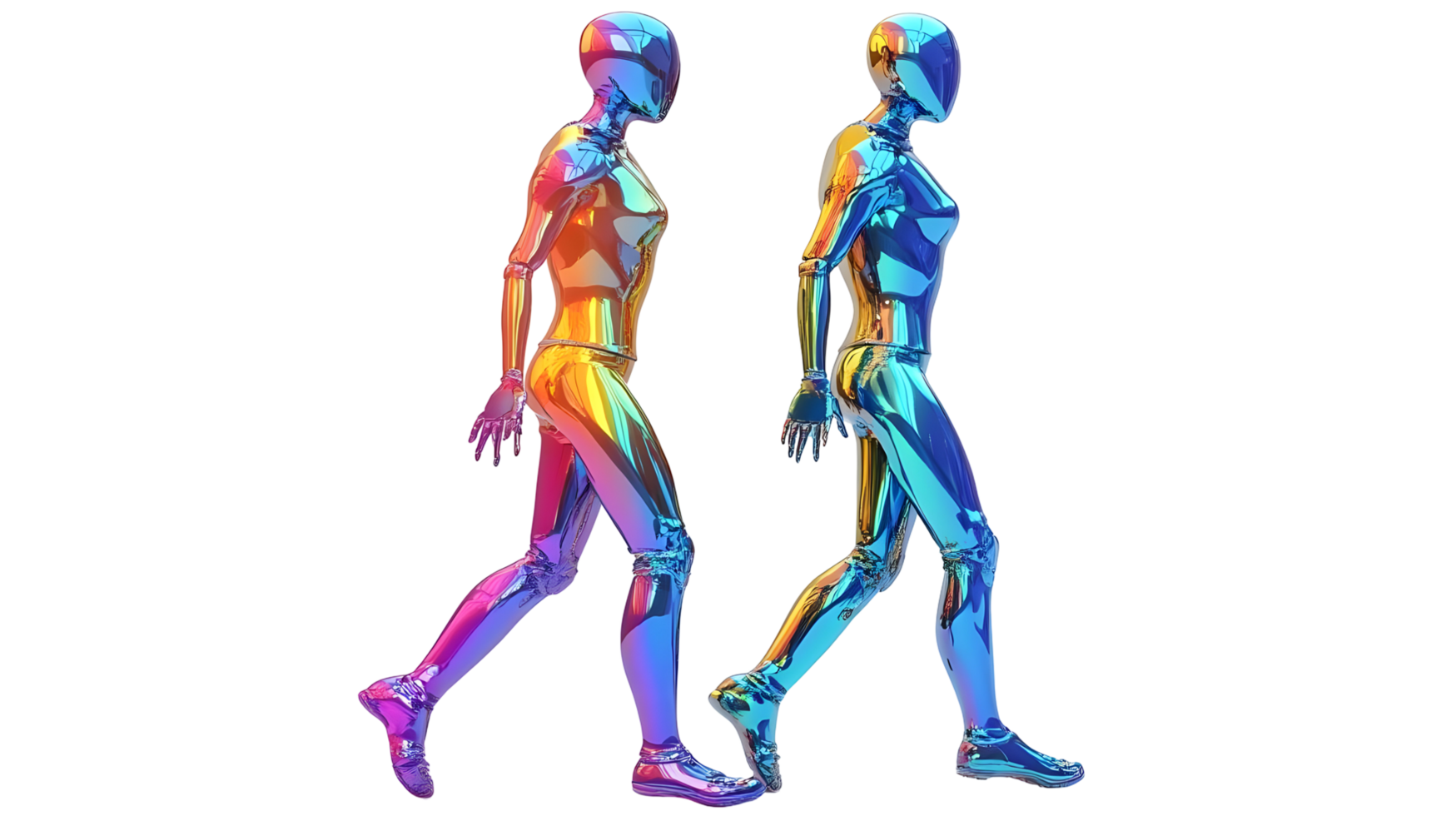 Two iridescent figures walking, side by side, in a digital art composition isolated on transparent background. png