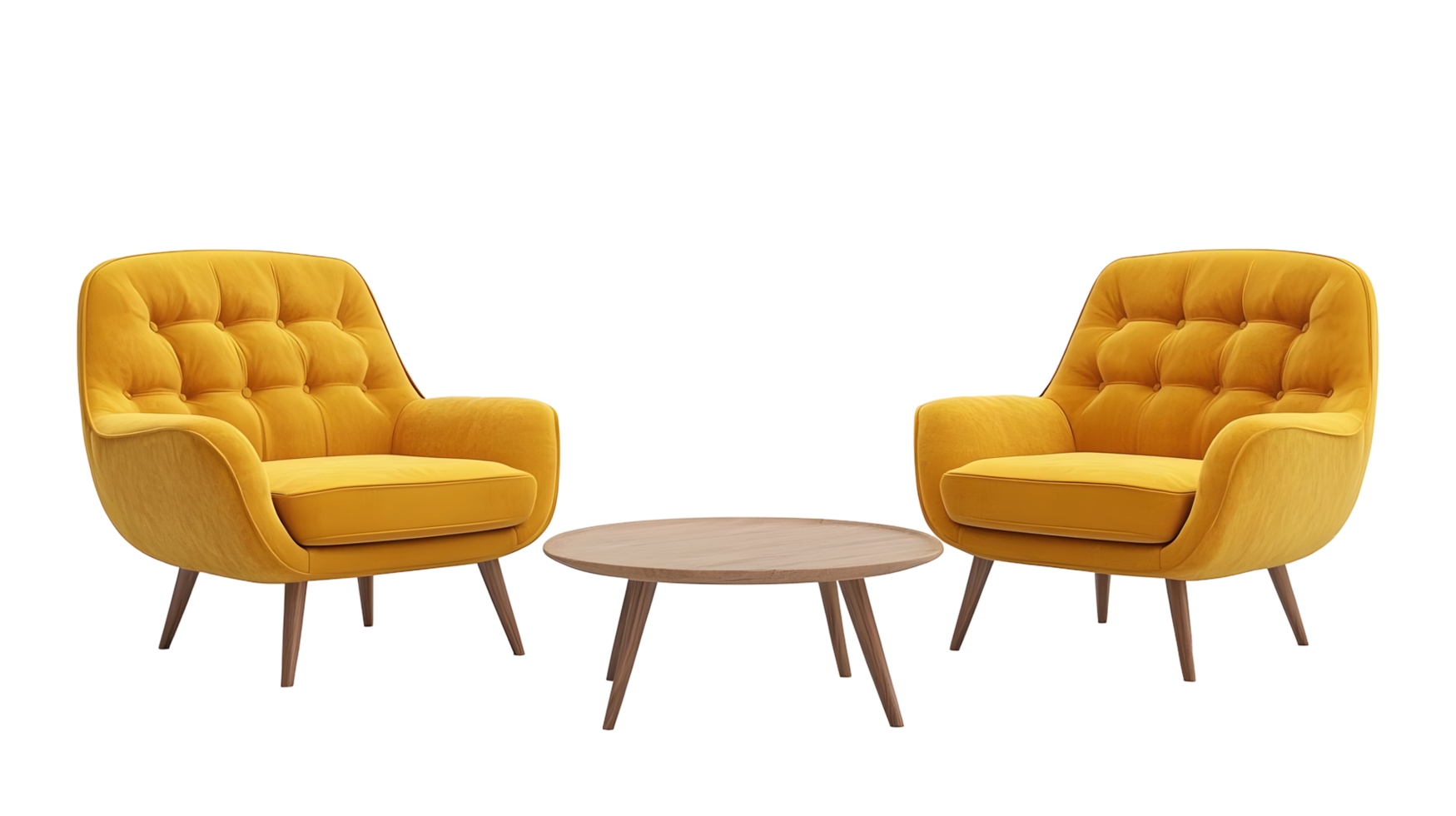 Two mustard-yellow armchairs and a round coffee table isolated on transparent background. png