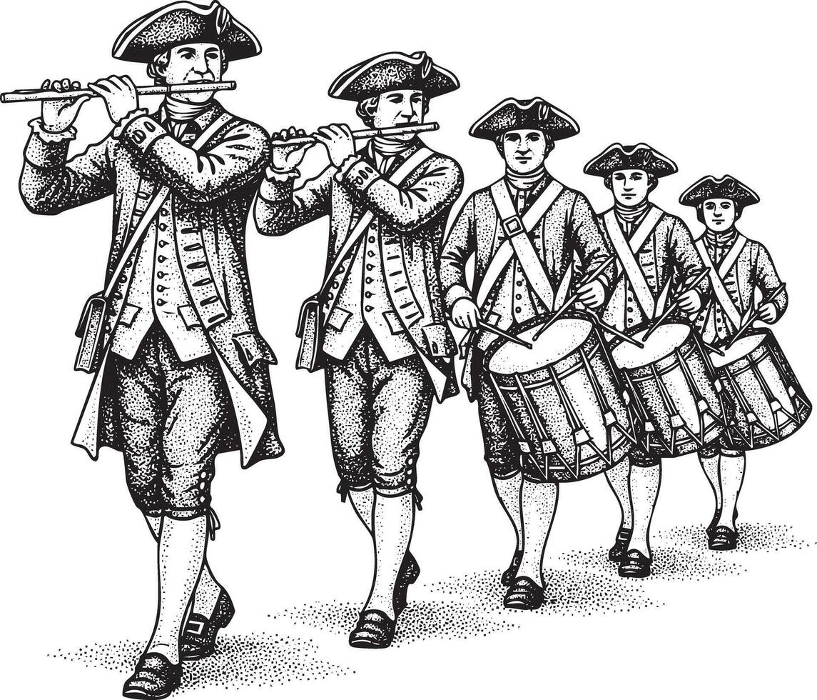 Colonial fife and drum corps marching in formation silhouette vector