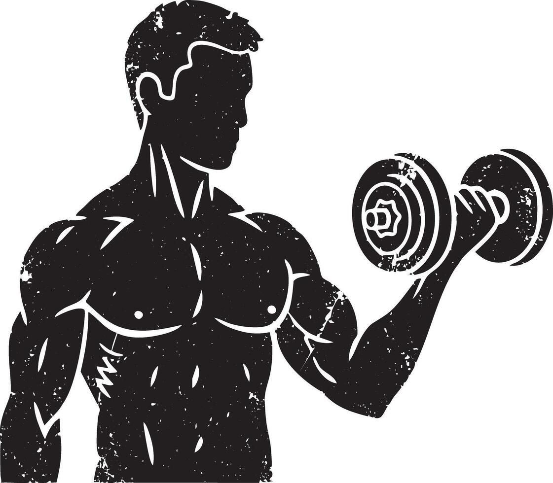 Biceps dumbbell curl retro stencil illustration stamp in distressed grunge style vector