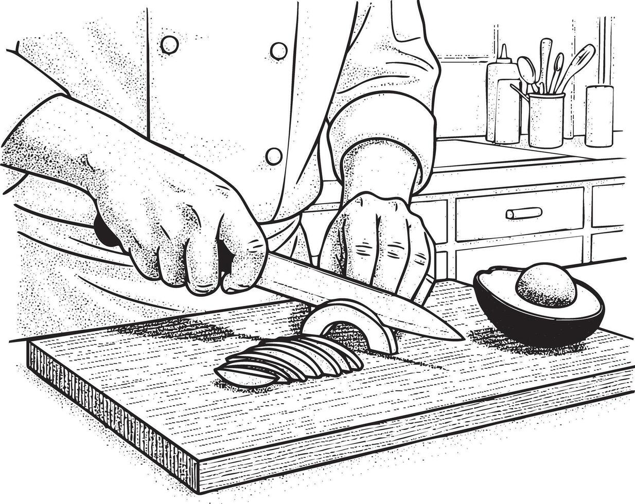 Chef slicing avocado on a wooden cutting board in a kitchen silhouette vector