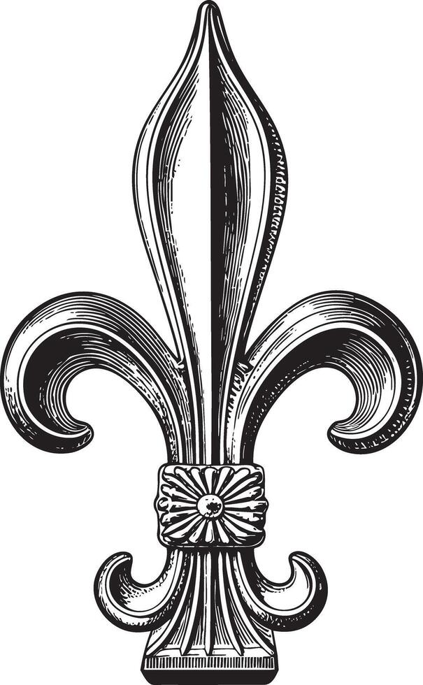 Illustration of a classic fleur de lis ornament in vintage stipple engraving style isolated vector