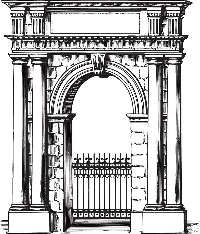 Classic architectural arch illustration in vintage stipple engraving style isolated vector