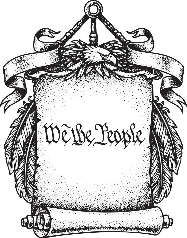 Vintage engraved hanging scroll with we the people ink ribbons and eagle feathers vector