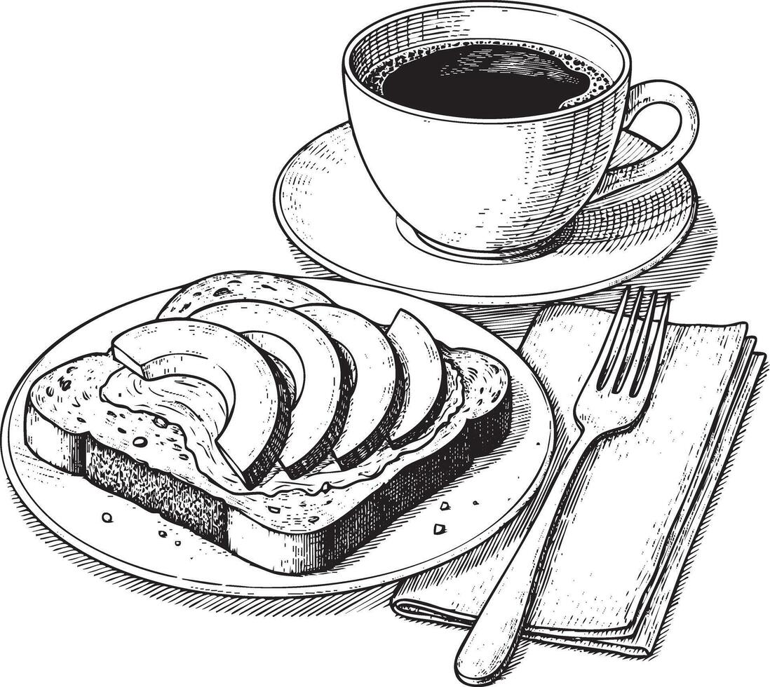 Avocado toast and coffee breakfast silhouette drawing vector