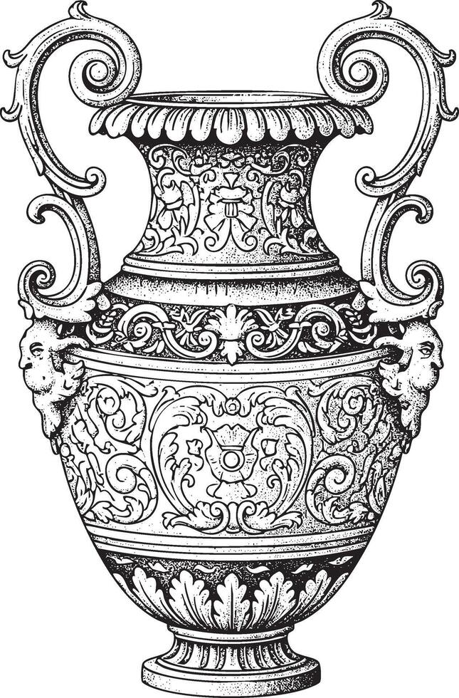 Illustration of a baroque vase in vintage stipple engraving style vector