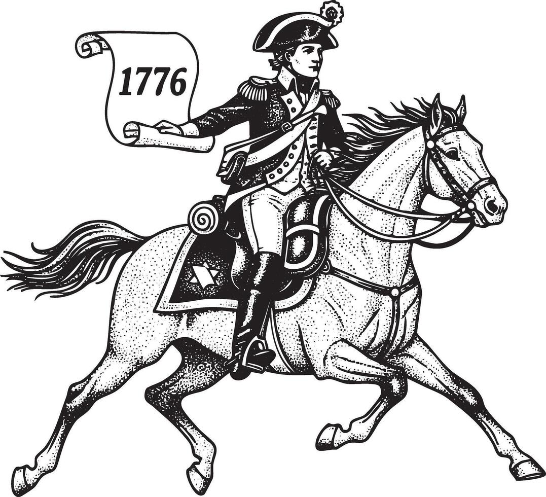 Vintage Stipple Engraving of 1776 Military Courier on Horseback Carrying Declaration Dispatch vector