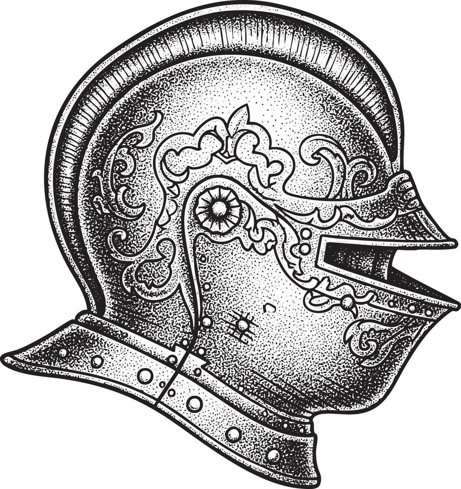Medieval armor helmet illustration in vintage stipple engraving style vector
