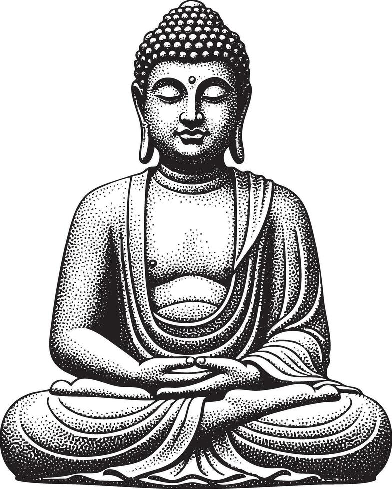 Sitting Buddha statue illustration in vintage stipple engraving style vector