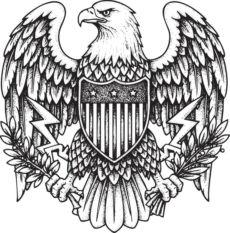 Vintage engraved bald eagle with lightning bolts and olive branches vector