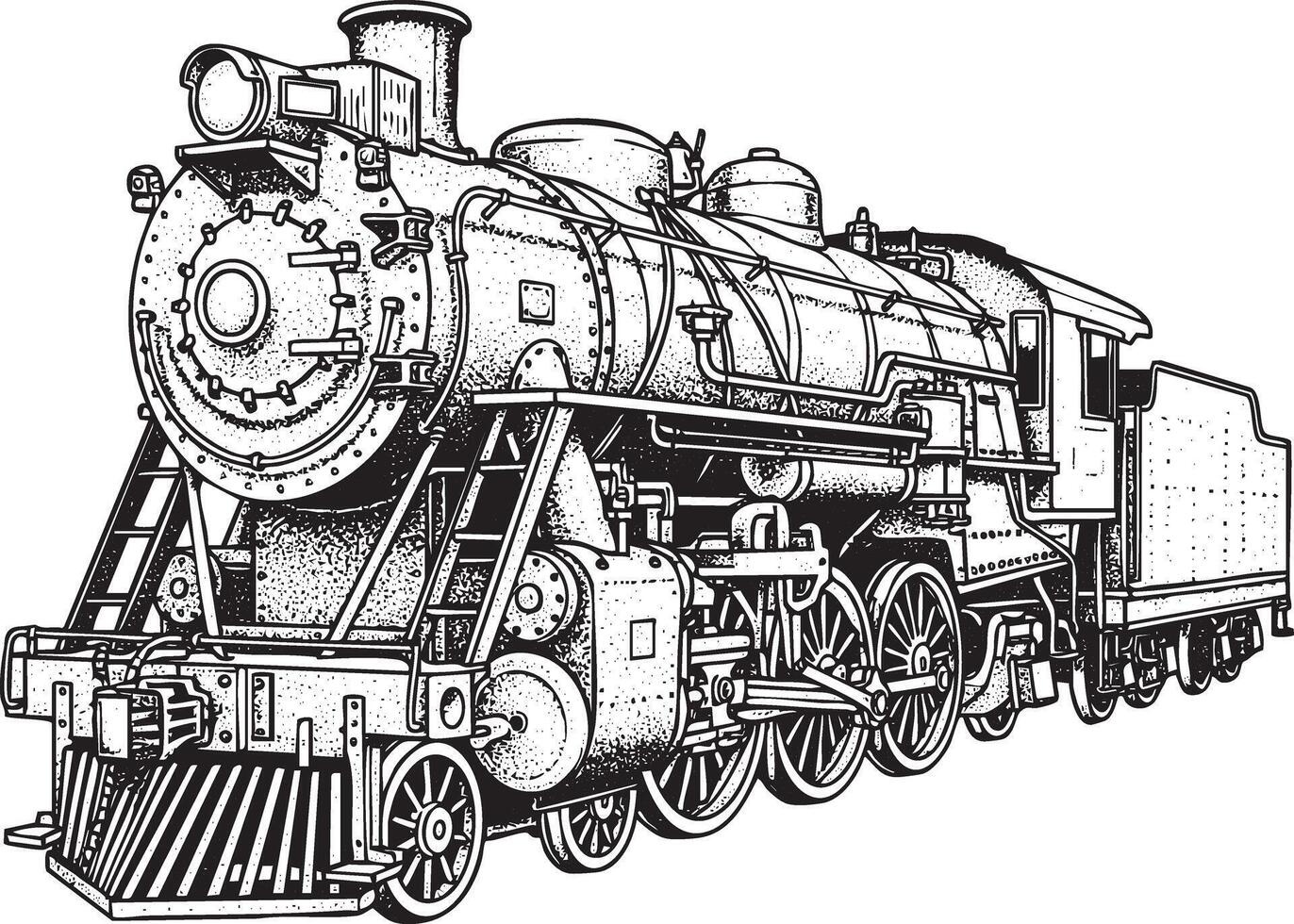 Illustration of a steam train locomotive in retro stipple engraving style isolated vector