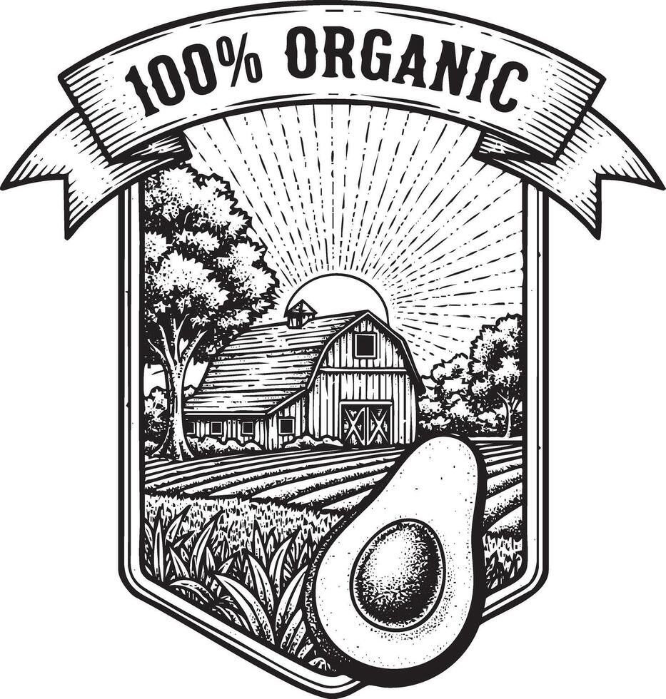 Vintage barn and avocado farm scene 100 organic silhouette vector