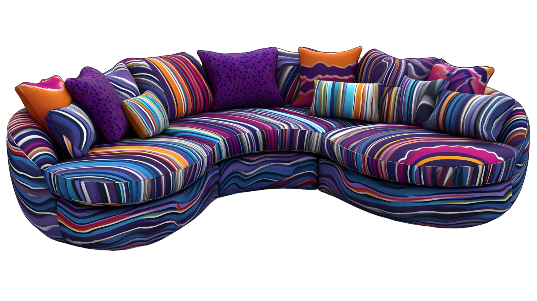 Colorful, curved sectional sofa with vibrant striped upholstery isolated on transparent background. png