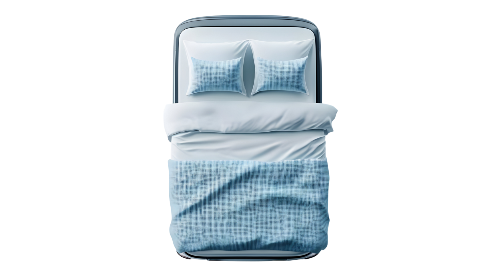 Elevated view of a light blue bed with linens isolated on transparent background. png