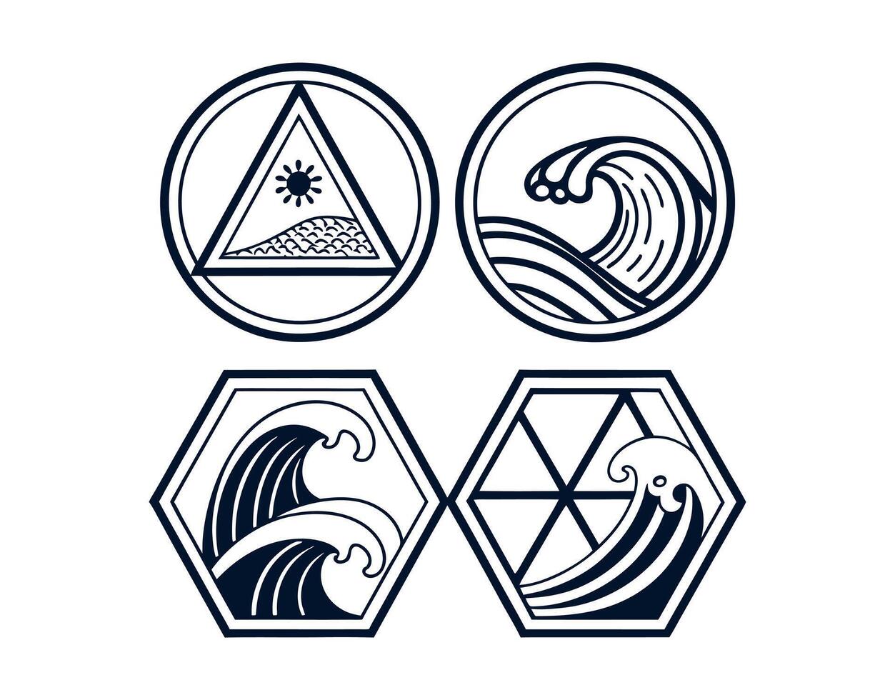 Geometric Ocean Wave and Sun Designs in Black and White vector