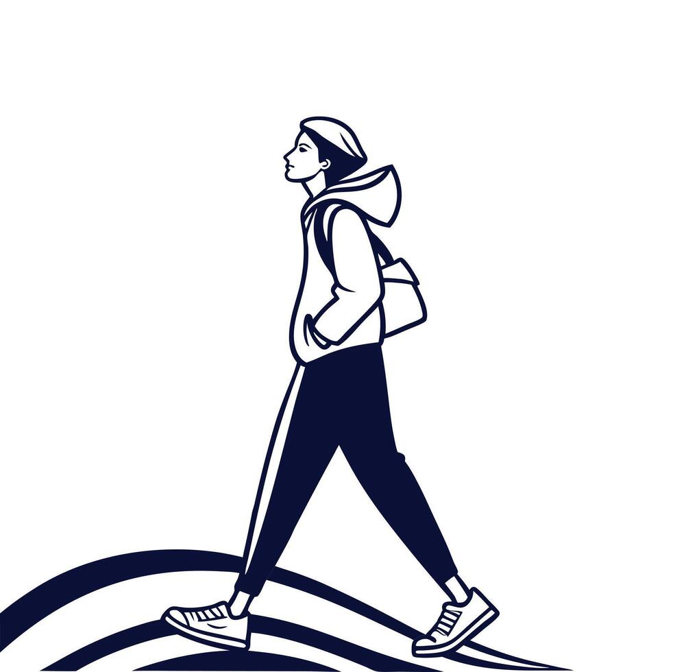 Stylized Woman Walking with Backpack in Minimalist Illustration vector