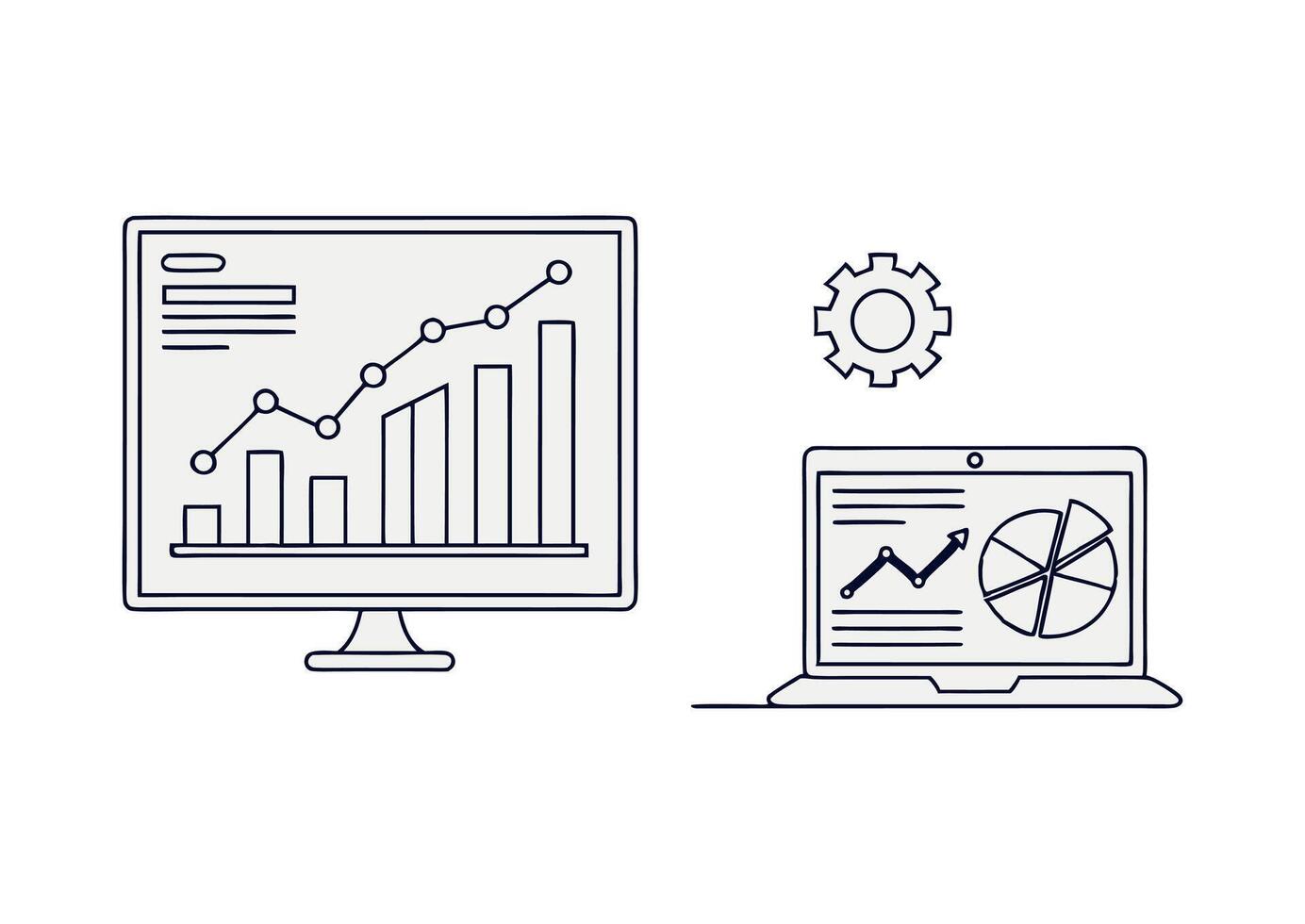 datos análisis y visualización en computadora pantallas con engranaje icono ilustración vector