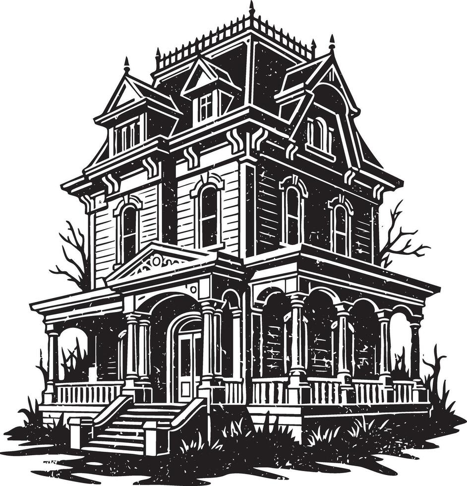 Haunted Victorian mansion retro stencil illustration stamp with distressed grunge texture isolated vector