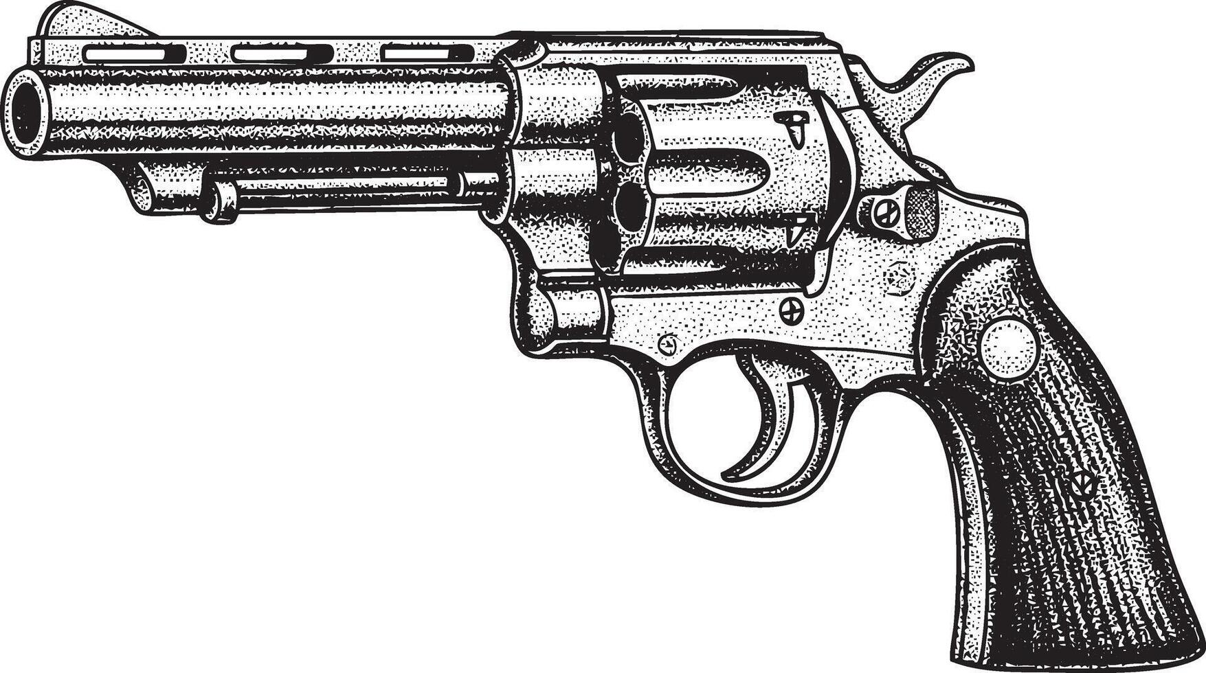 Illustration of a classic revolver in perspective in vintage stipple engraving style isolated vector
