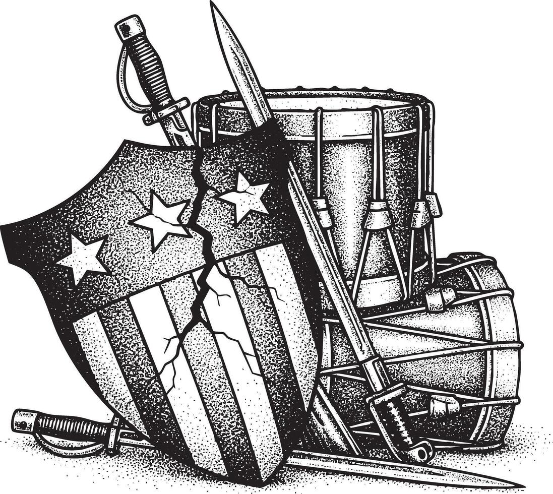 Vintage engraved cracked shield with war drums and bayonets vector