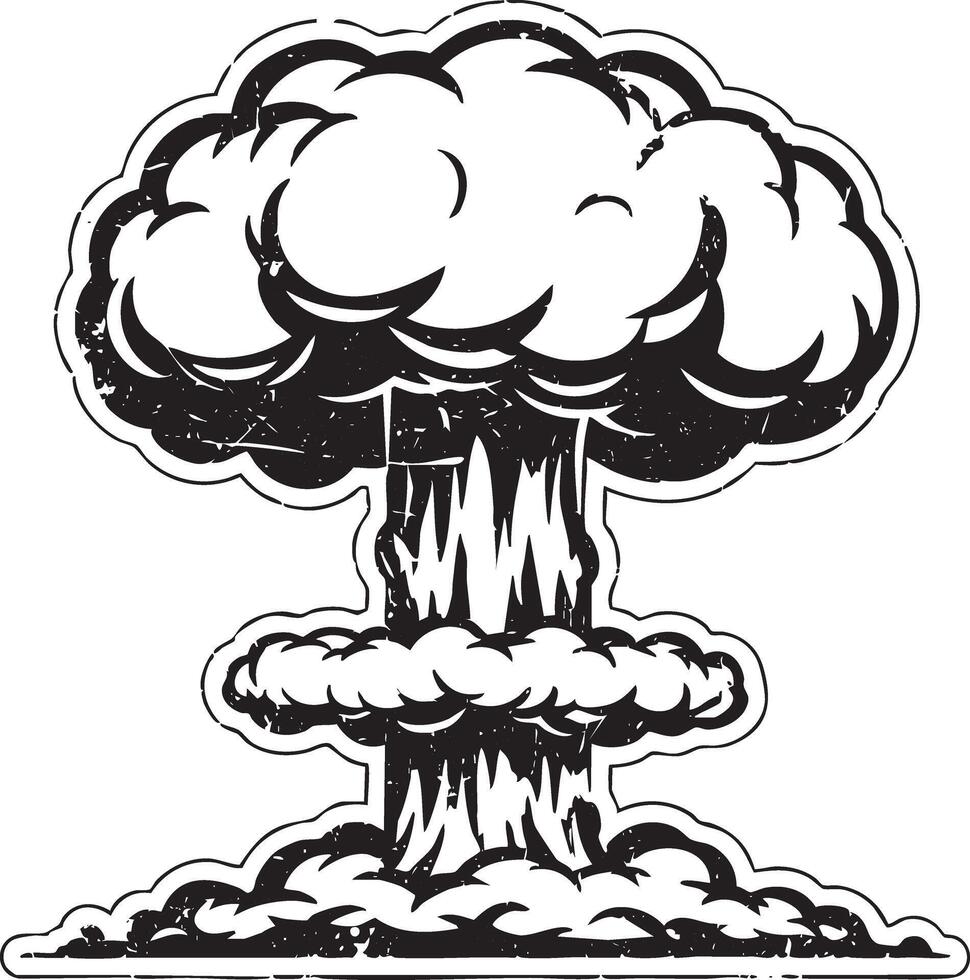 Nuclear explosion mushroom cloud retro stencil illustration stamp in distressed grunge style isolated vector