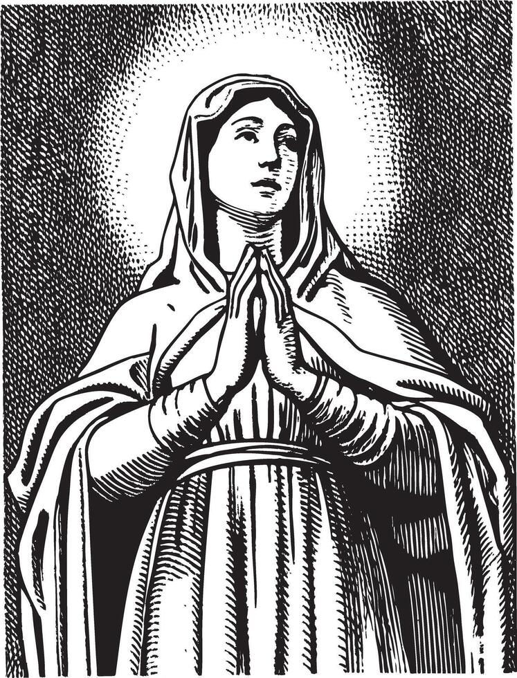 Standing Virgin Mary statue illustration in vintage stipple engraving style isolated vector